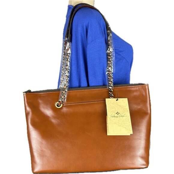 Patricia Nash Cognac Leather Zip Close Shoulder Strap Faux Suede Lining Tote Bag - Picture 2 of 8